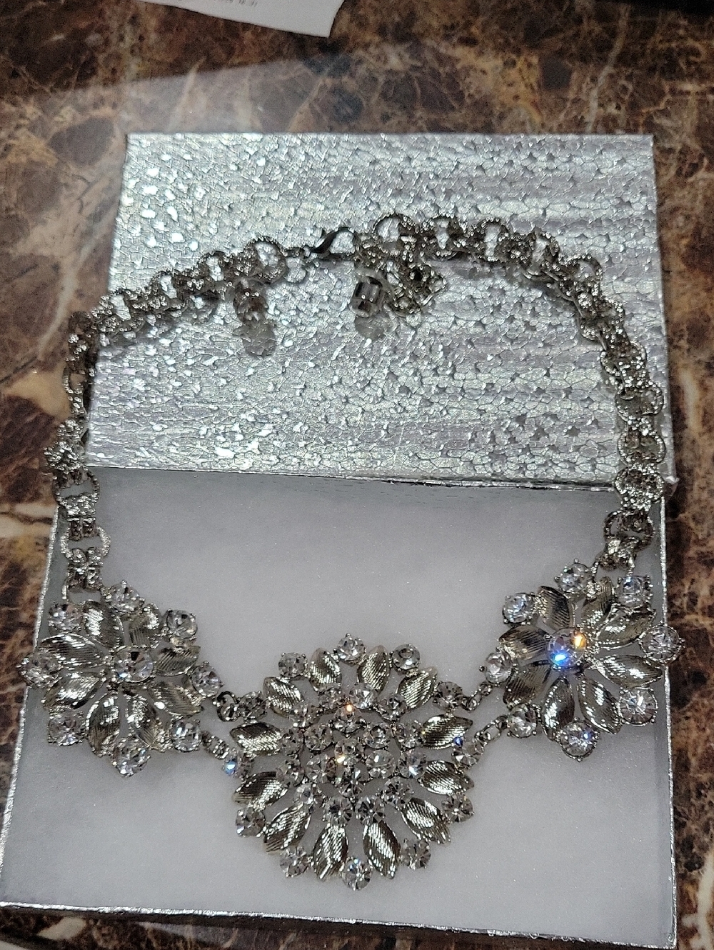 Silver Floral Crystal Statement Necklace  And Earring Set